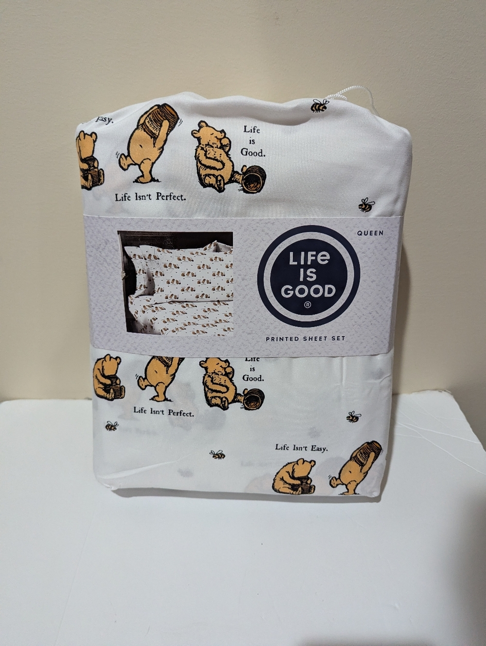 NEW "Life Is Good"Off White Sheet Set with Yellow Pooh Print. Size Queen